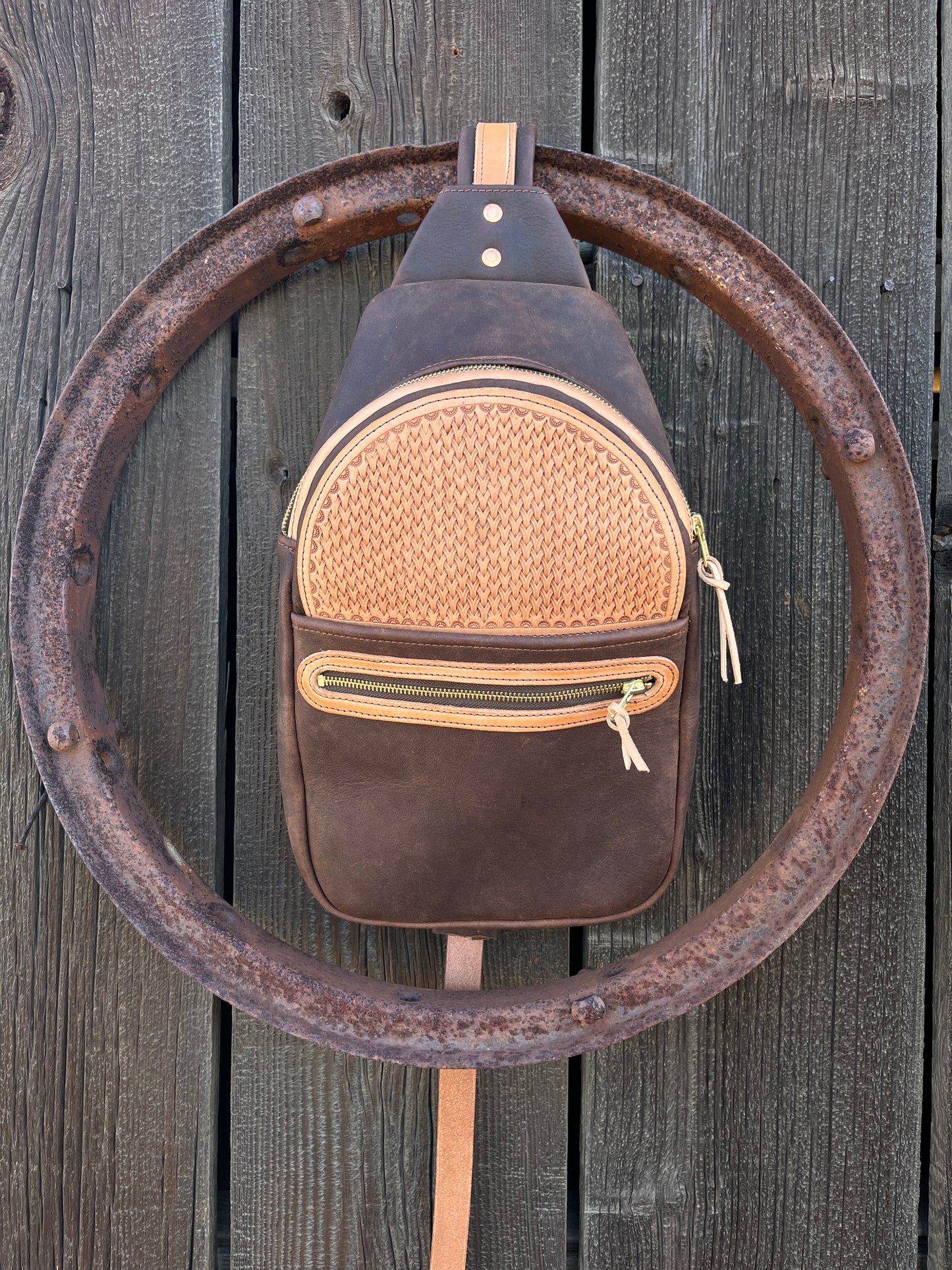 Large Tooled Chocolate Sling Bag