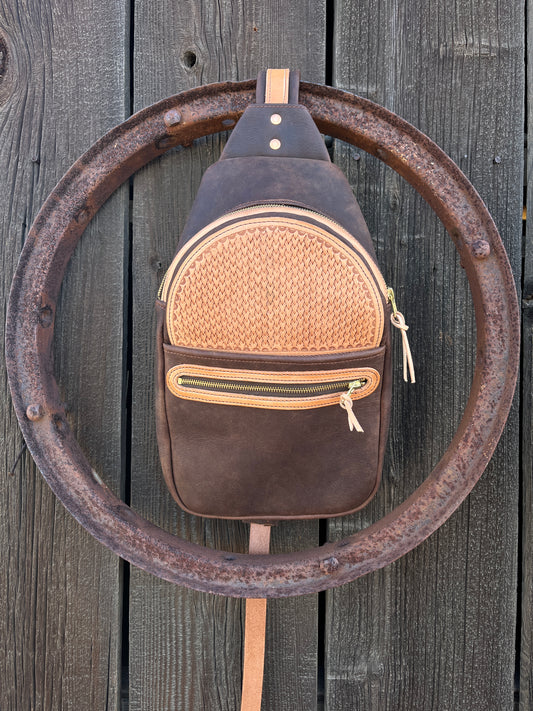 Large Tooled Chocolate Sling Bag
