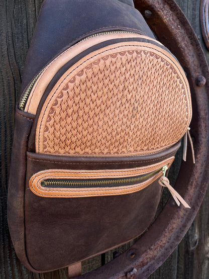 Large Tooled Chocolate Sling Bag