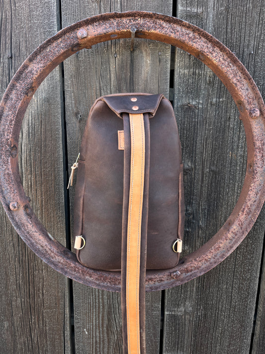 Large Tooled Chocolate Sling Bag